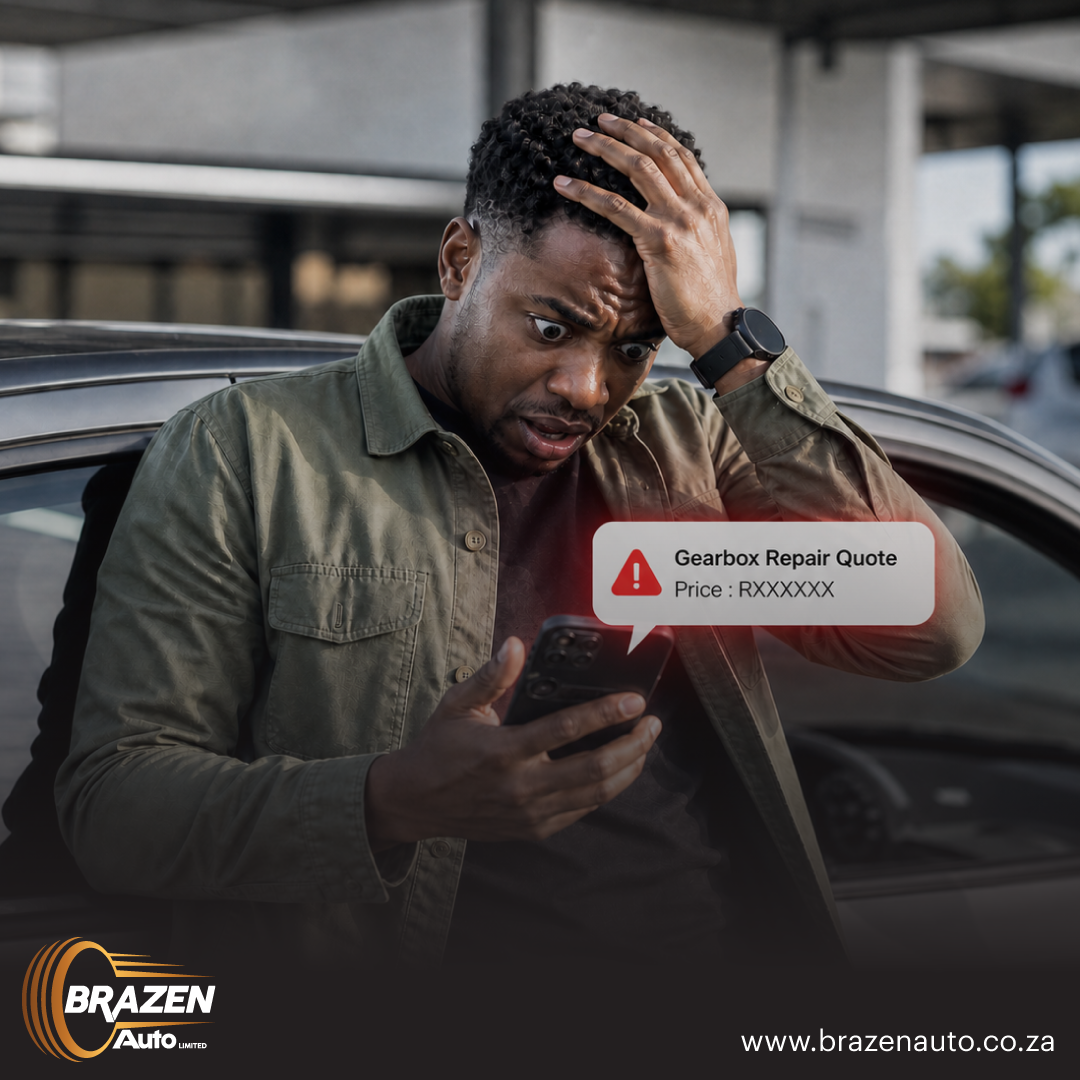 Worried car owner viewing an expensive gearbox repair quote