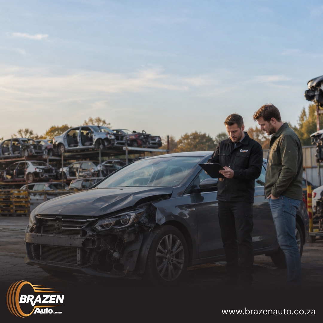 Specialist car buyer evaluating an accident-damaged vehicle at a scrapyard-style yard.
